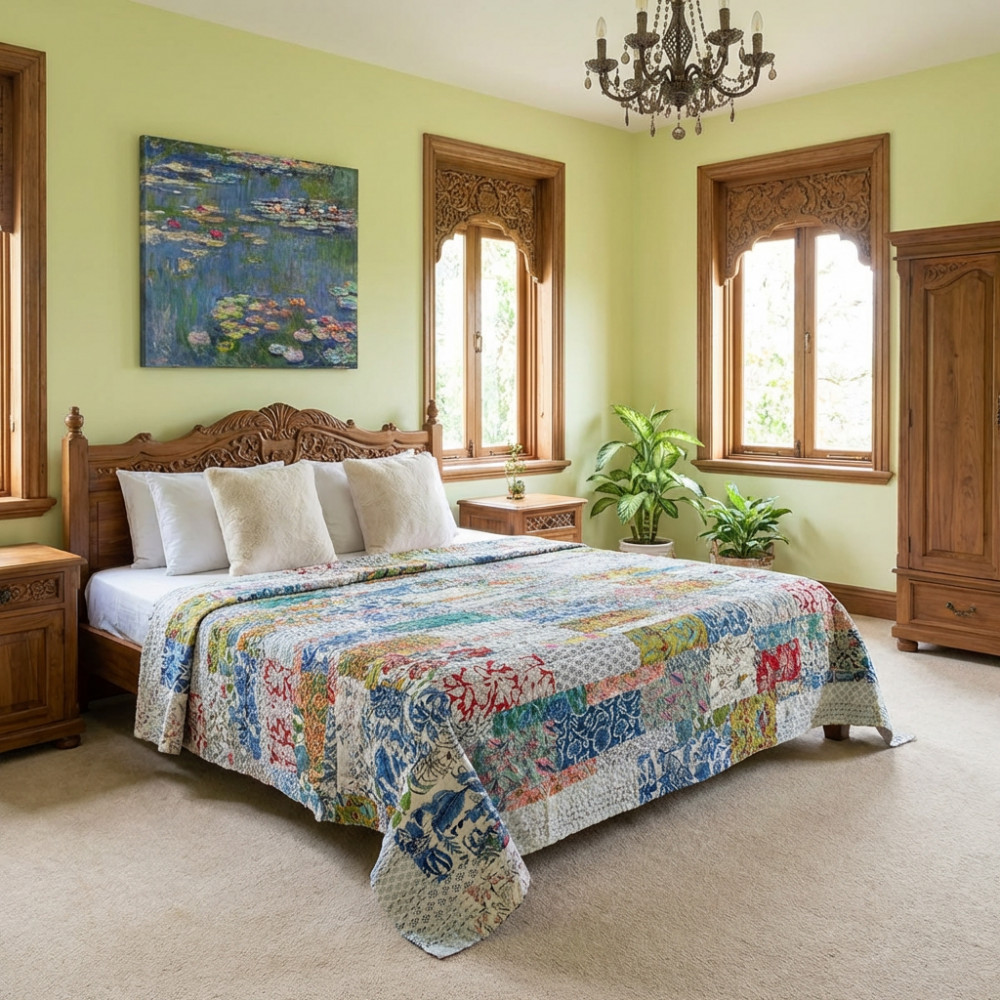 Image of Hand Block Printed Cotton Twin Size Kantha | 260325