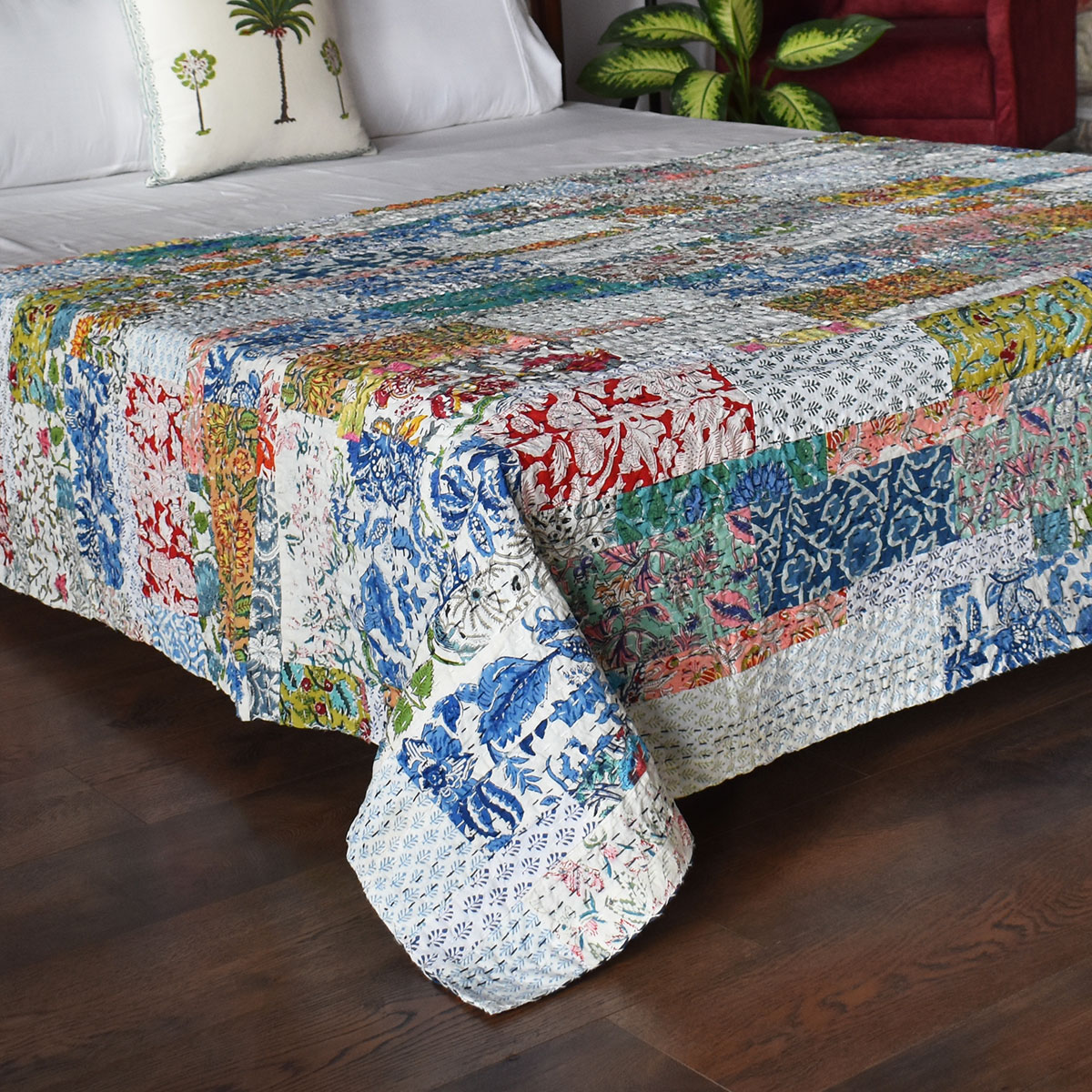 Hand Block Printed Cotton Twin Size Kantha 260325