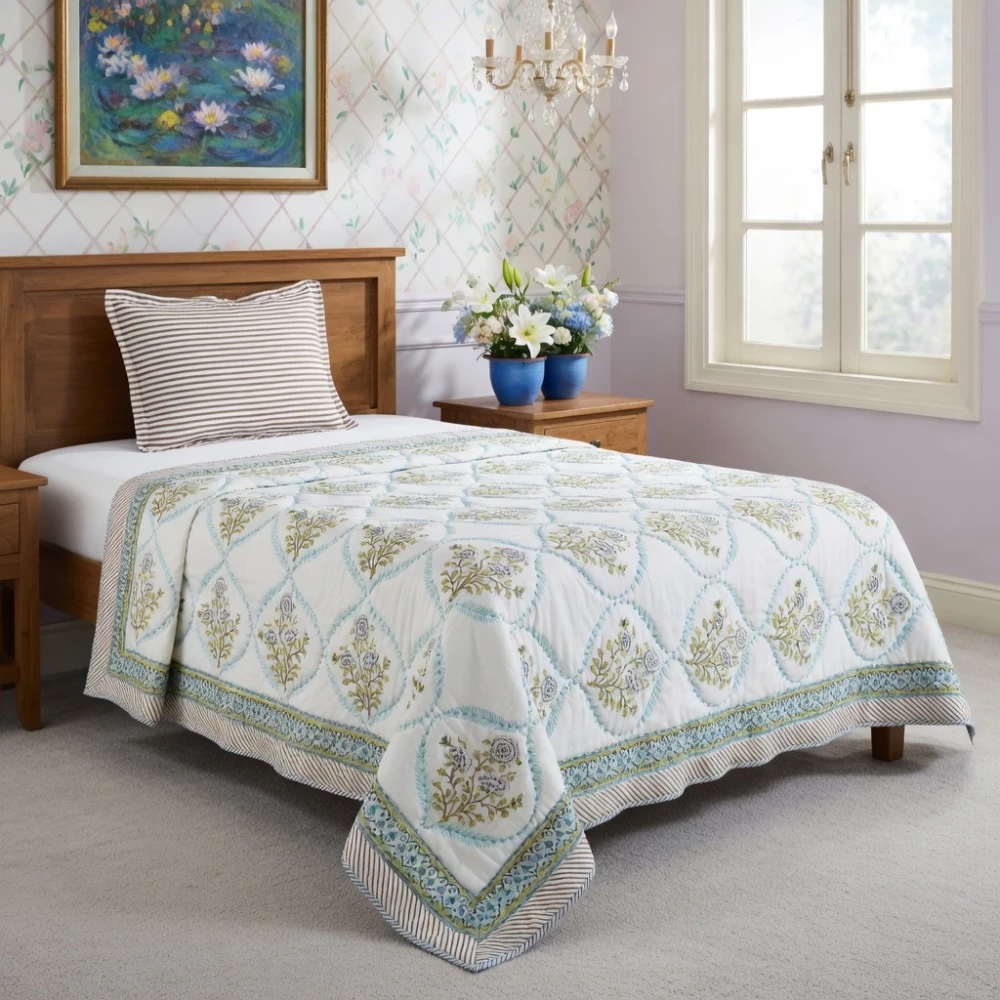 Image of Hand Block Printed Cotton Twin Size Quilt | 261011