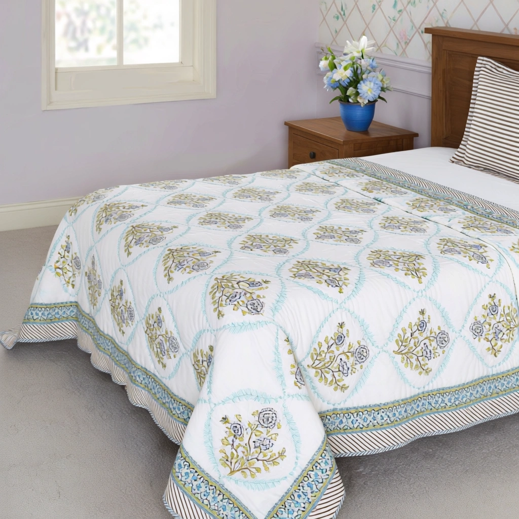Hand Block Printed Cotton Twin Size Quilt 261011