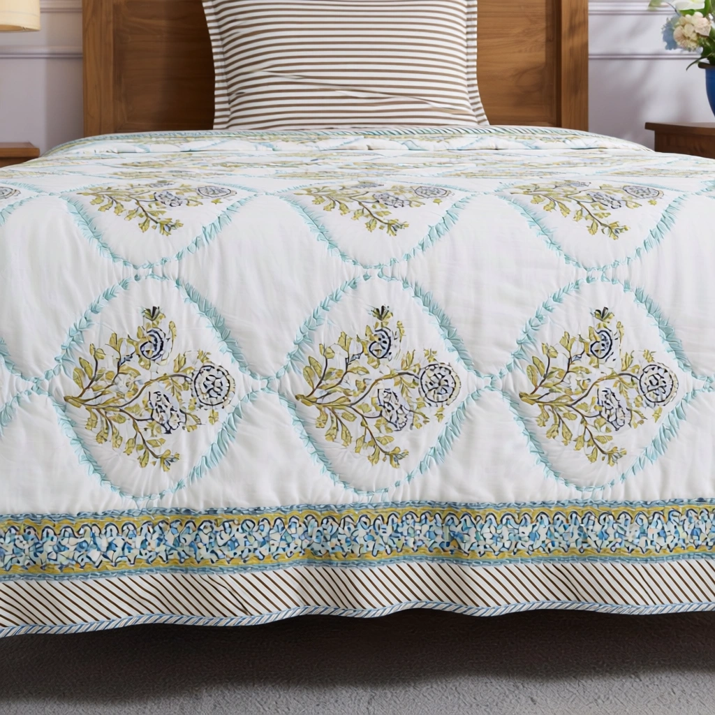 Hand Block Printed Cotton Twin Size Quilt 261011
