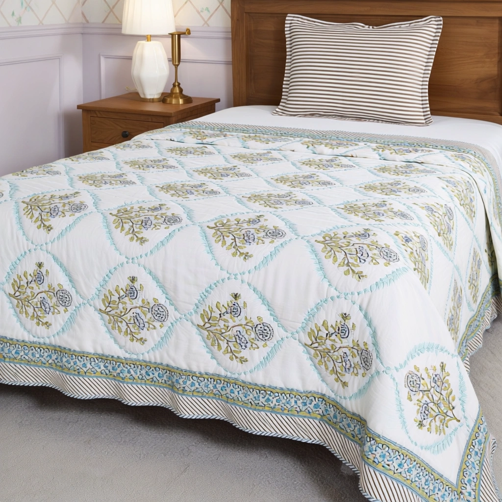 Hand Block Printed Cotton Twin Size Quilt 261011