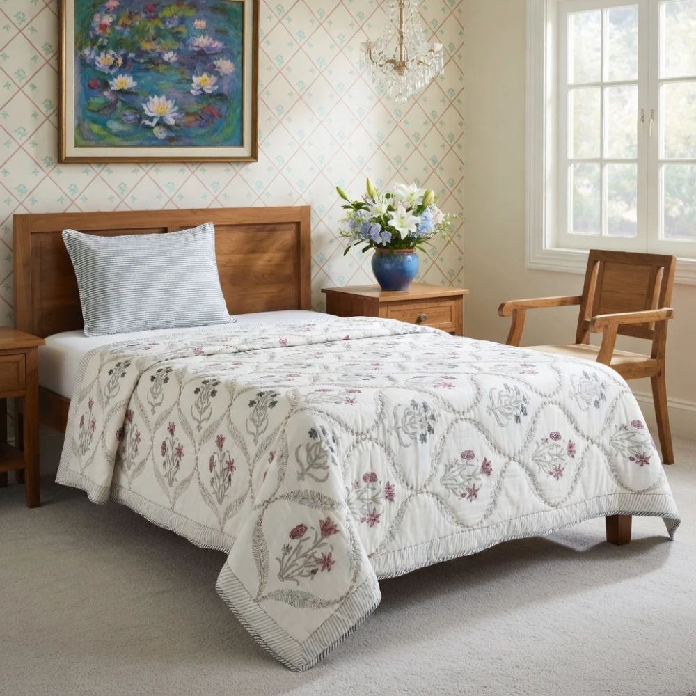 Image of Hand Block Printed Cotton Twin Size Quilt | 261012