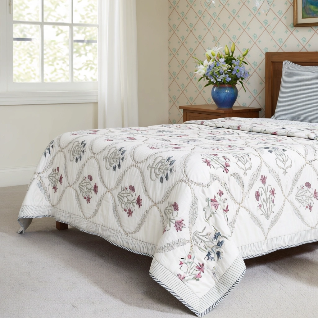 Hand Block Printed Cotton Twin Size Quilt  261012