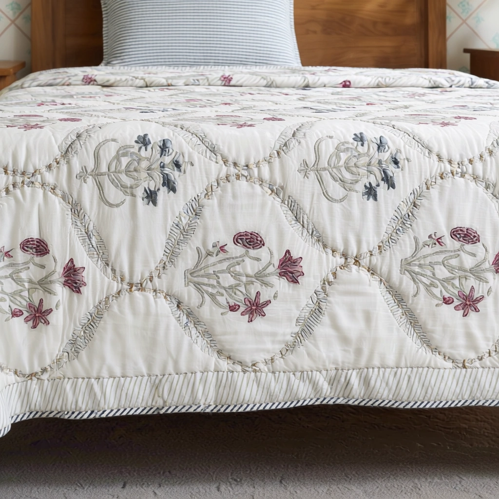 Hand Block Printed Cotton Twin Size Quilt 261012