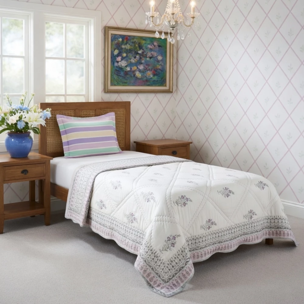 Image of Hand Block Printed Cotton Twin Size Quilt | 261013