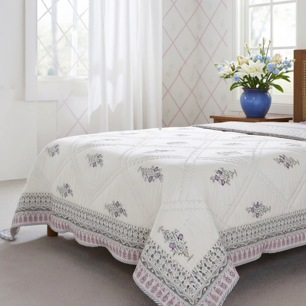Hand Block Printed Cotton Twin Size Quilt  261013