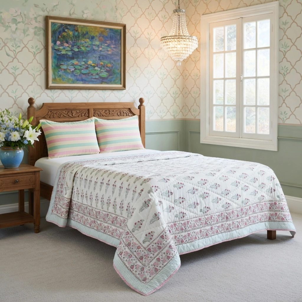 Hand Block Printed Cotton Twin Size Quilt  261014
