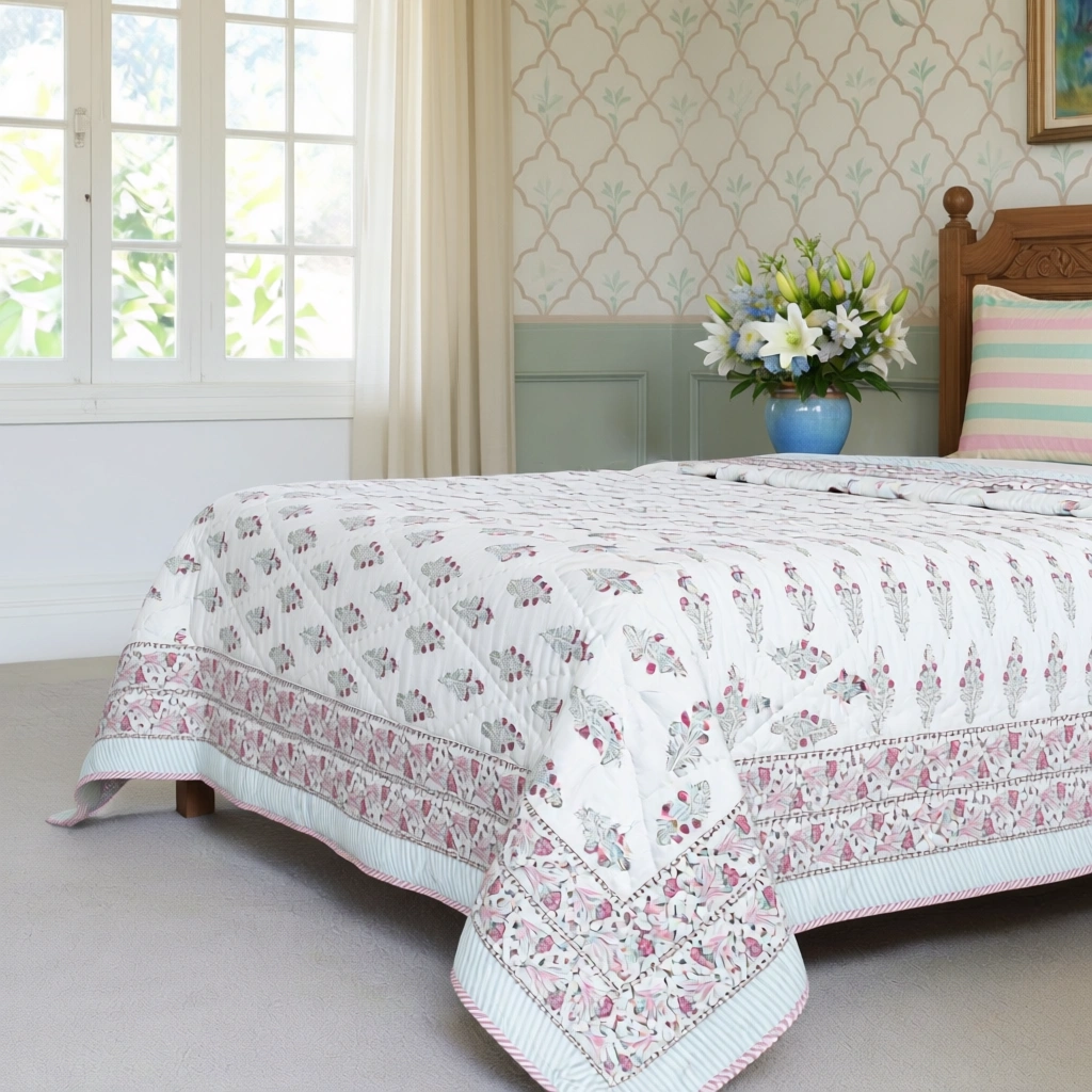 Hand Block Printed Cotton Twin Size Quilt  261014