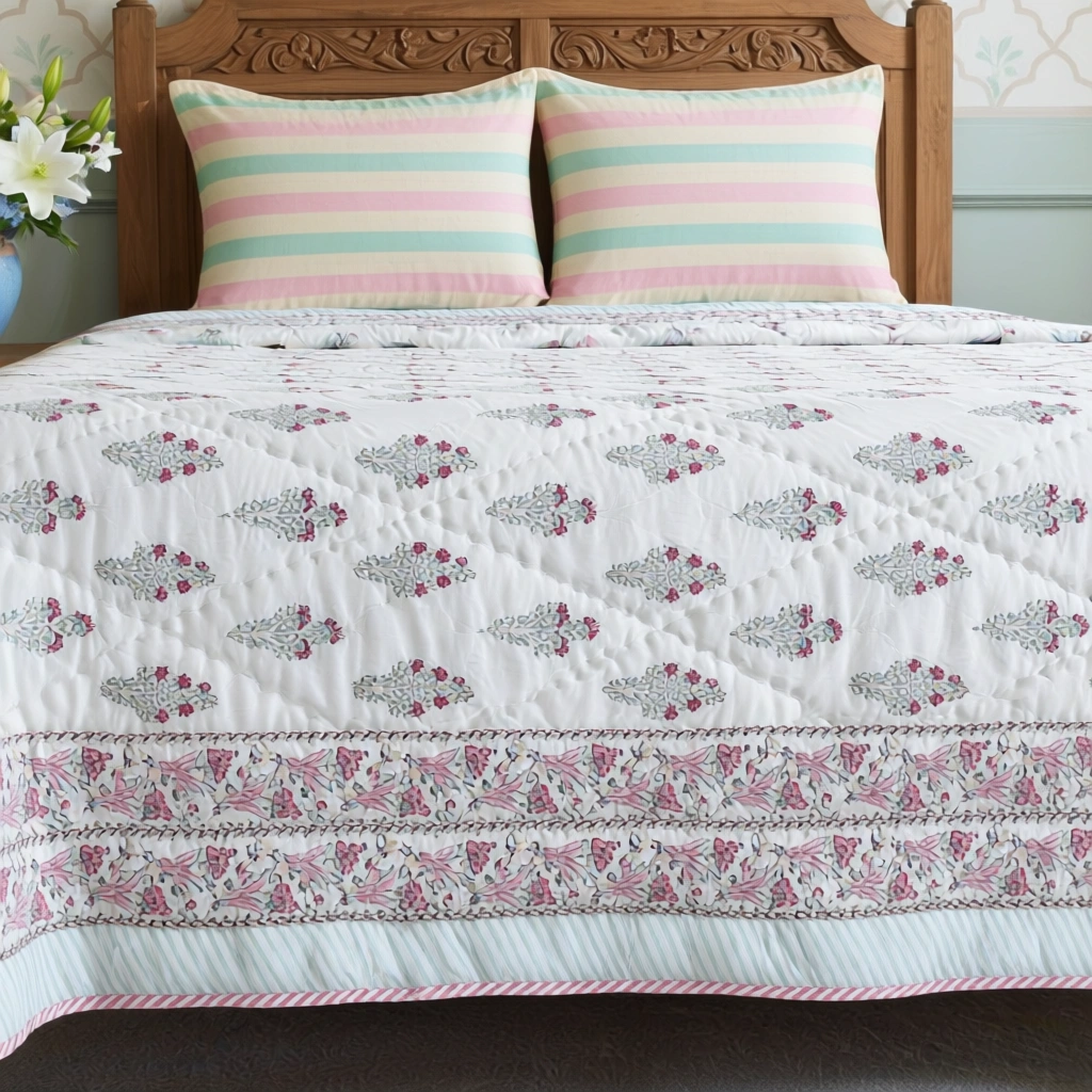 Hand Block Printed Cotton Twin Size Quilt 261014
