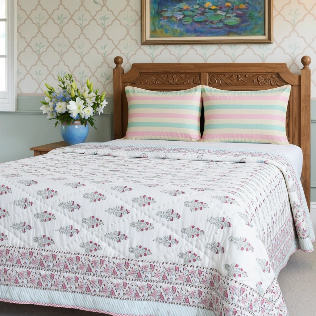 Hand Block Printed Cotton Twin Size Quilt  261014