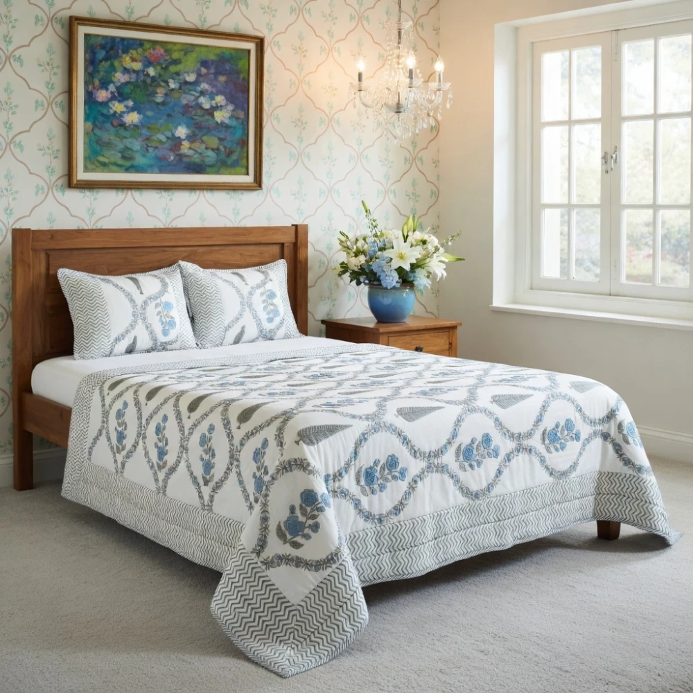 Image of Hand Block Printed Cotton Twin Size Quilt | 261015
