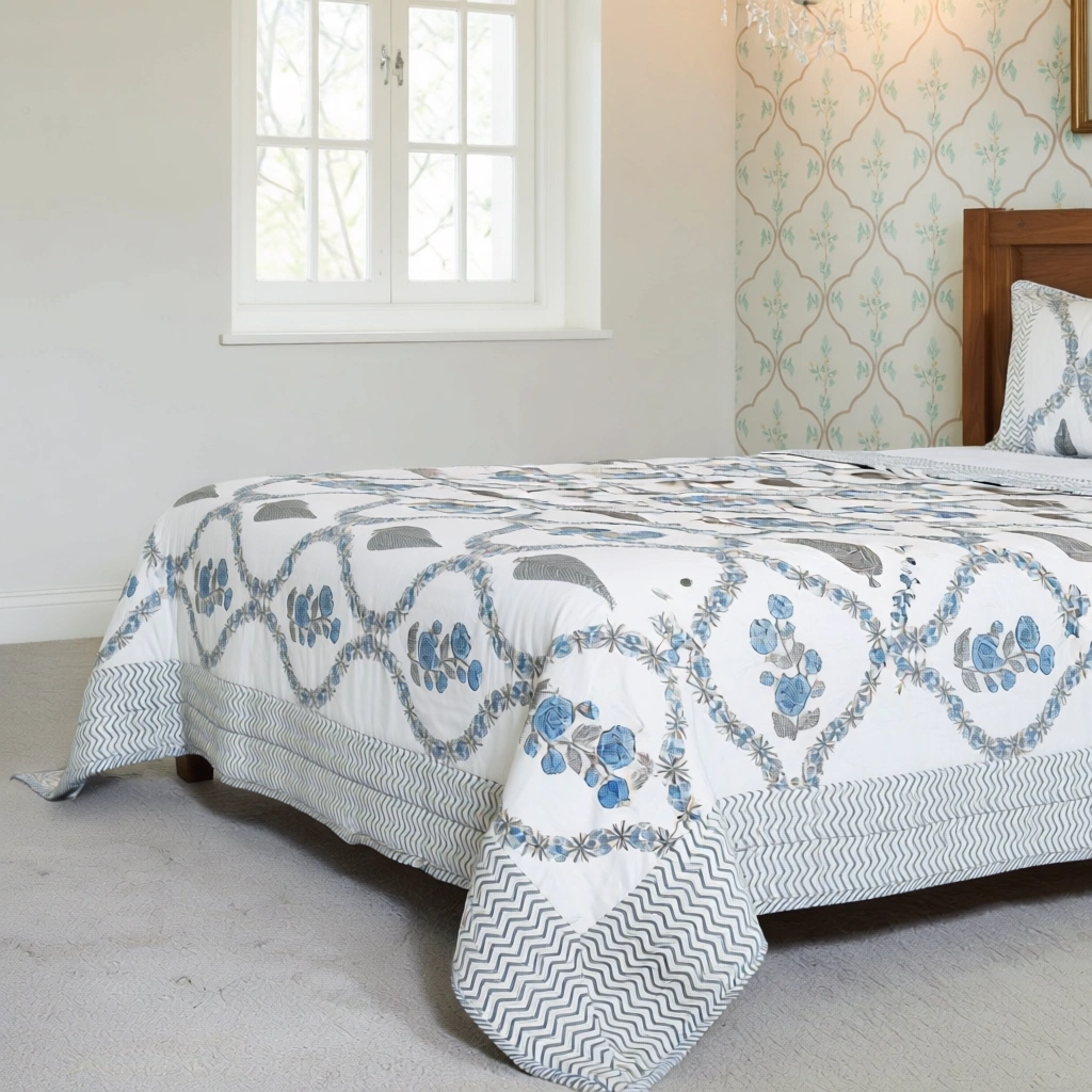 Hand Block Printed Cotton Twin Size Quilt  261015