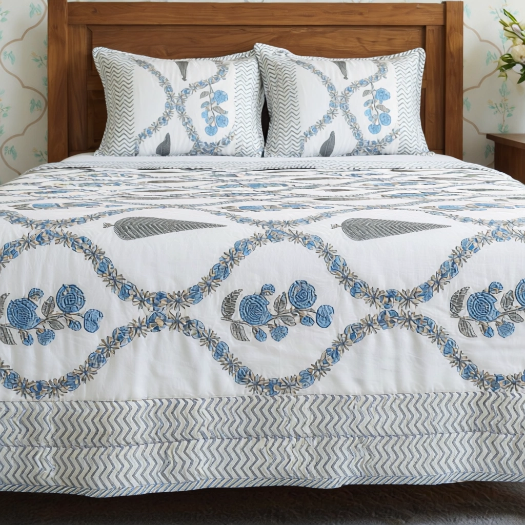 Hand Block Printed Cotton Twin Size Quilt  261015