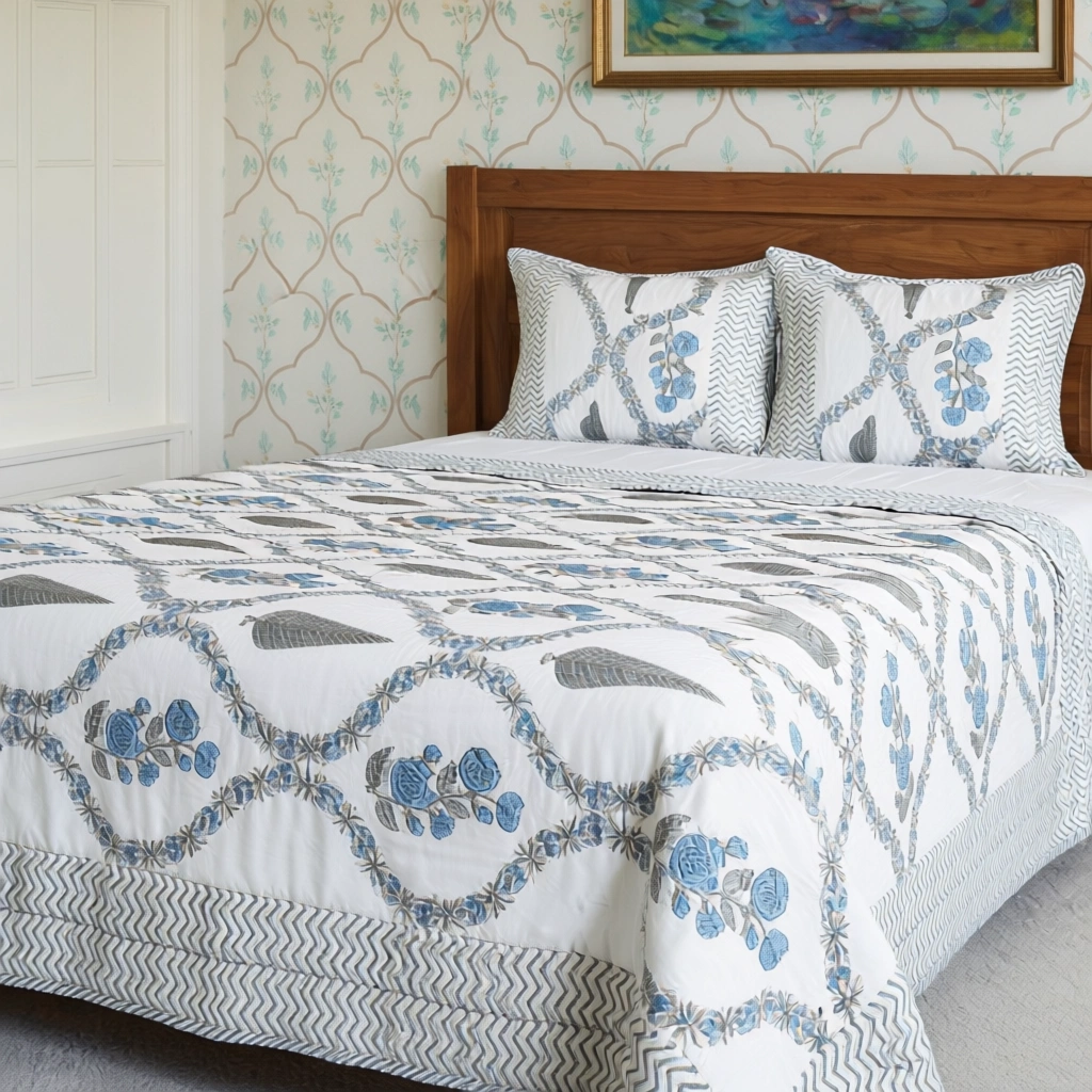 Hand Block Printed Cotton Twin Size Quilt  261015