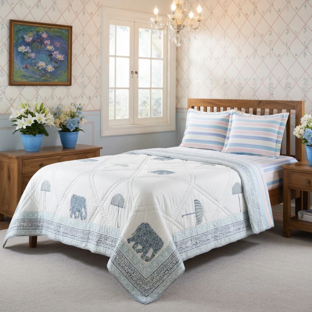 Image of Hand Block Printed Cotton Twin Size Quilt | 261016