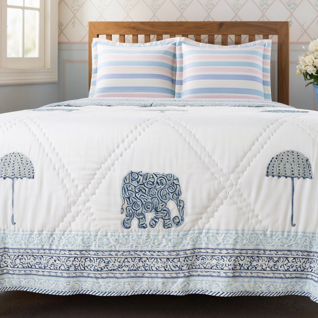 Hand Block Printed Cotton Twin Size Quilt  261016