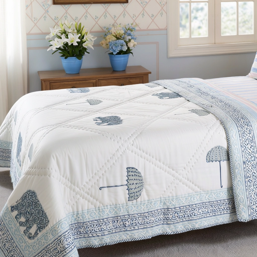 Hand Block Printed Cotton Twin Size Quilt 261016