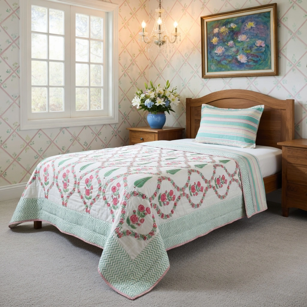 Hand Block Printed Cotton Twin Size Quilt  261017