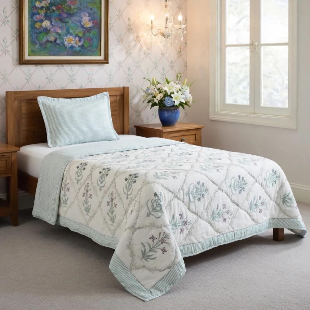 Image of Hand Block Printed Cotton Twin Size Quilt | 261018