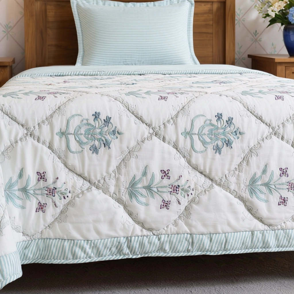 Hand Block Printed Cotton Twin Size Quilt 261018