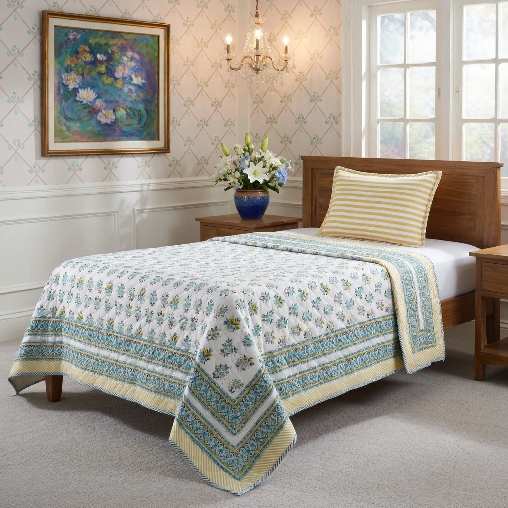 Hand Block Printed Cotton Twin Size Quilt  261019