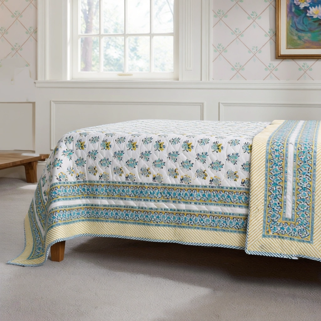 Hand Block Printed Cotton Twin Size Quilt  261019