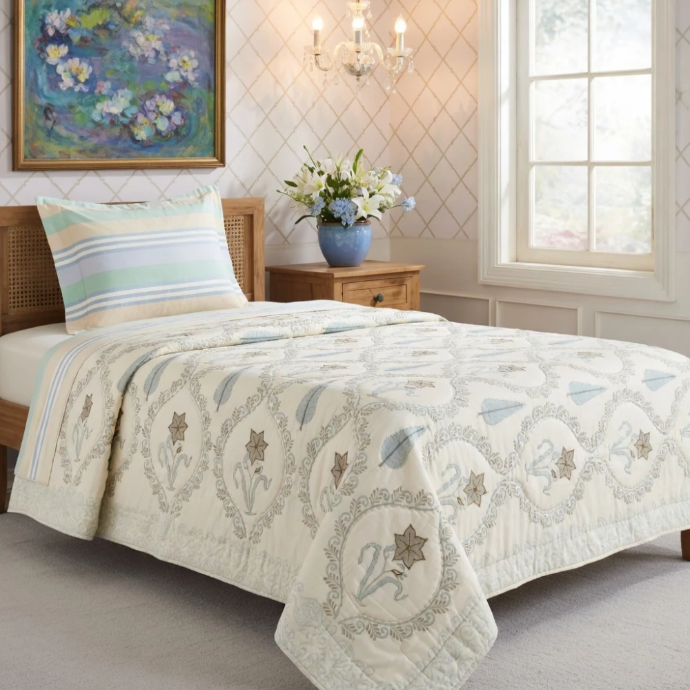 Image of Hand Block Printed Cotton Twin Size Quilt | 261021