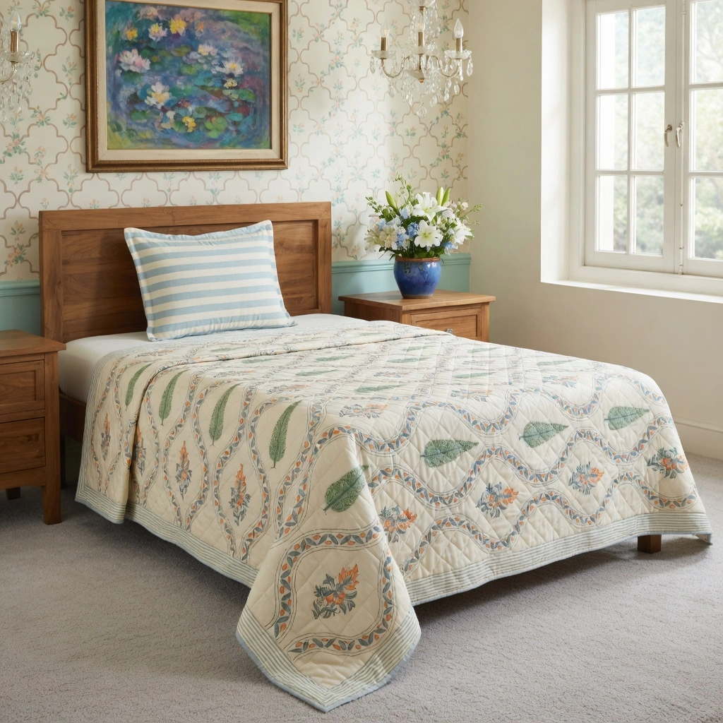 Hand Block Printed Cotton Twin Size Quilt 261022