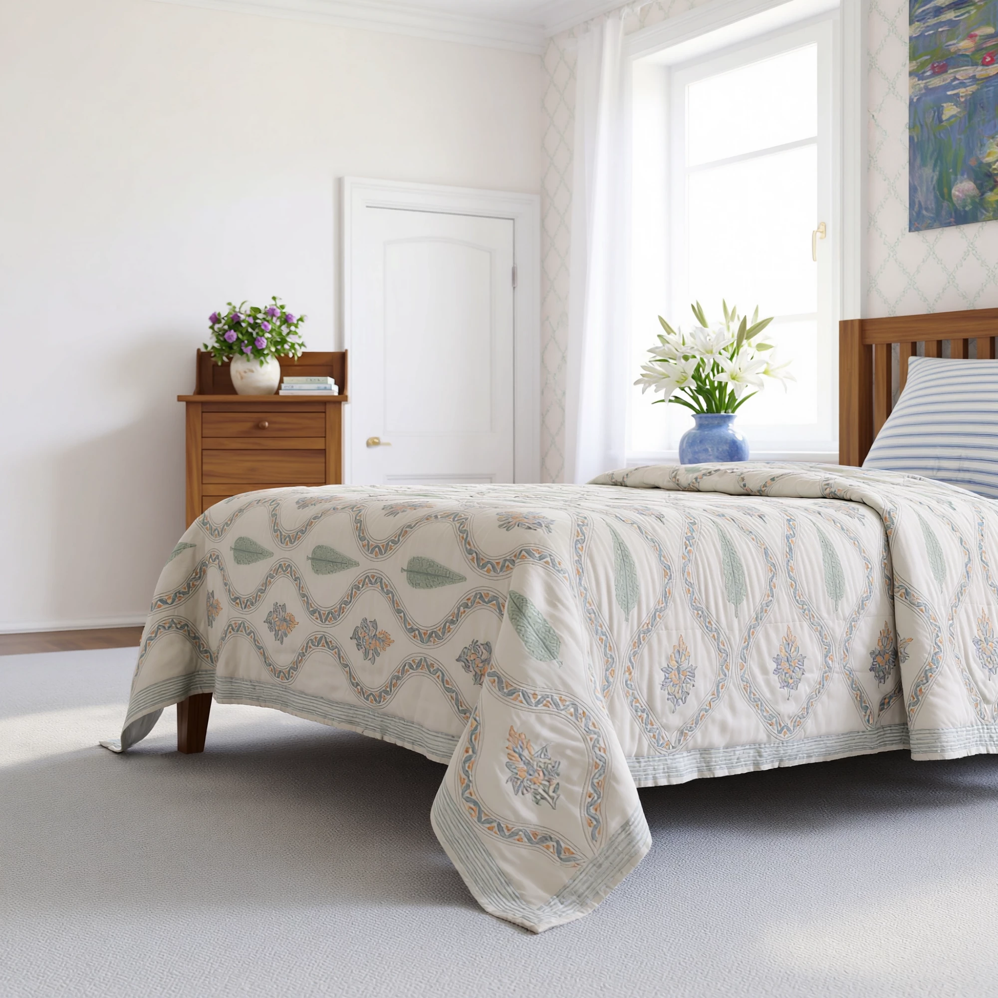 Hand Block Printed Cotton Twin Size Quilt  261022
