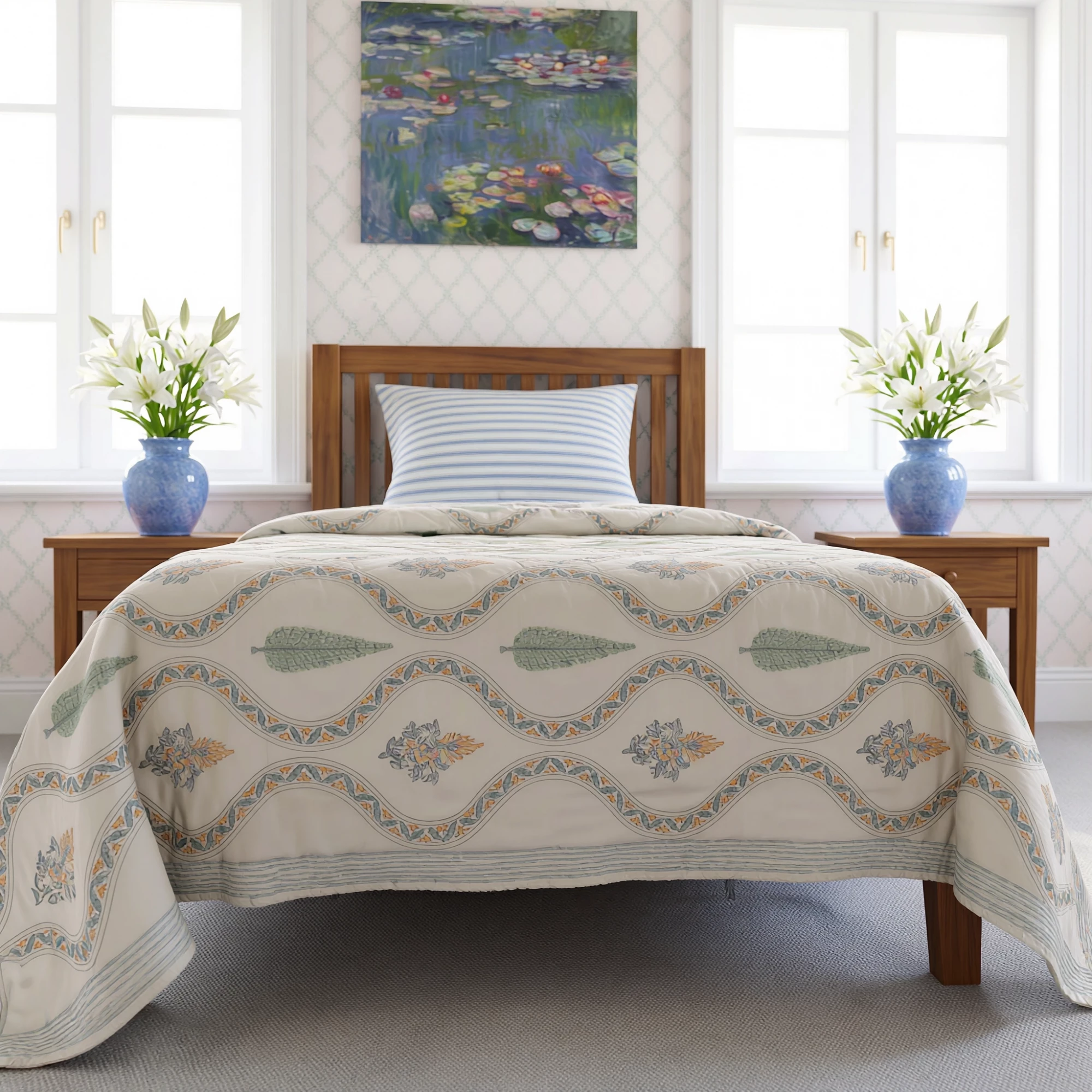 Hand Block Printed Cotton Twin Size Quilt  261022