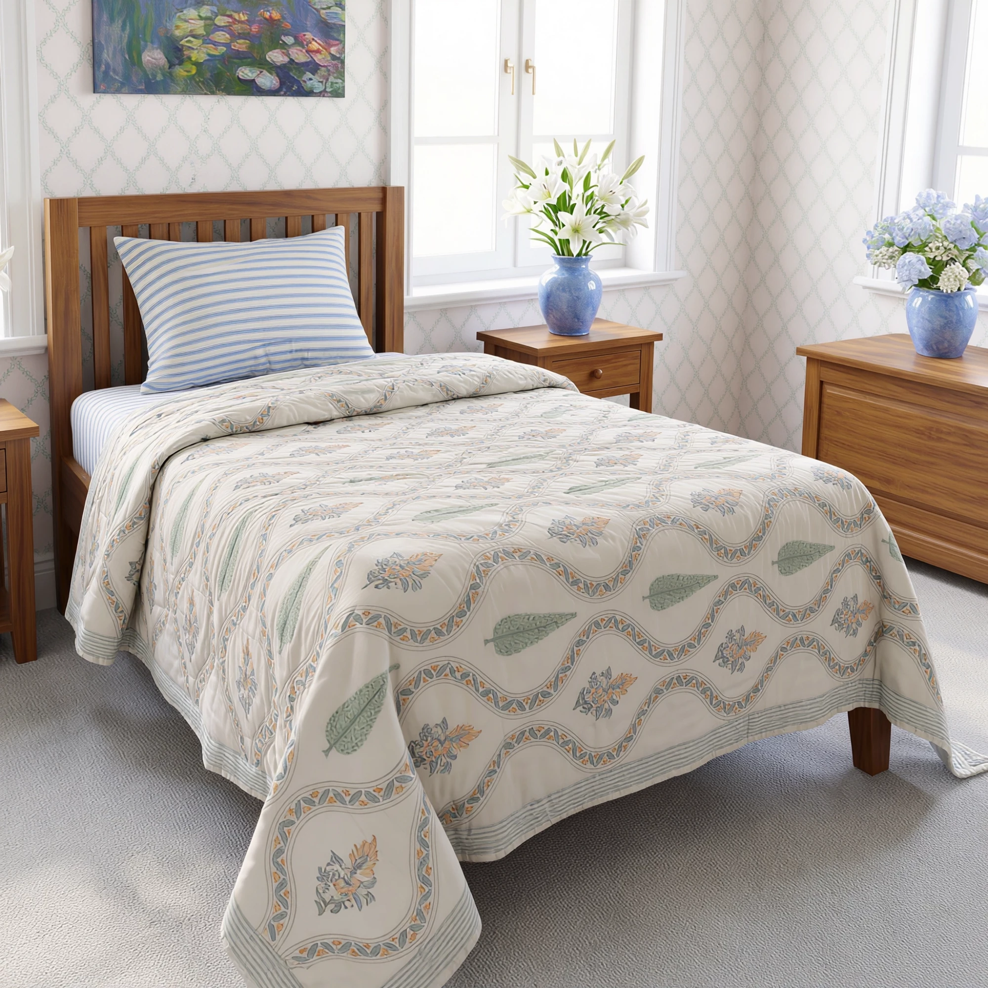 Hand Block Printed Cotton Twin Size Quilt  261022
