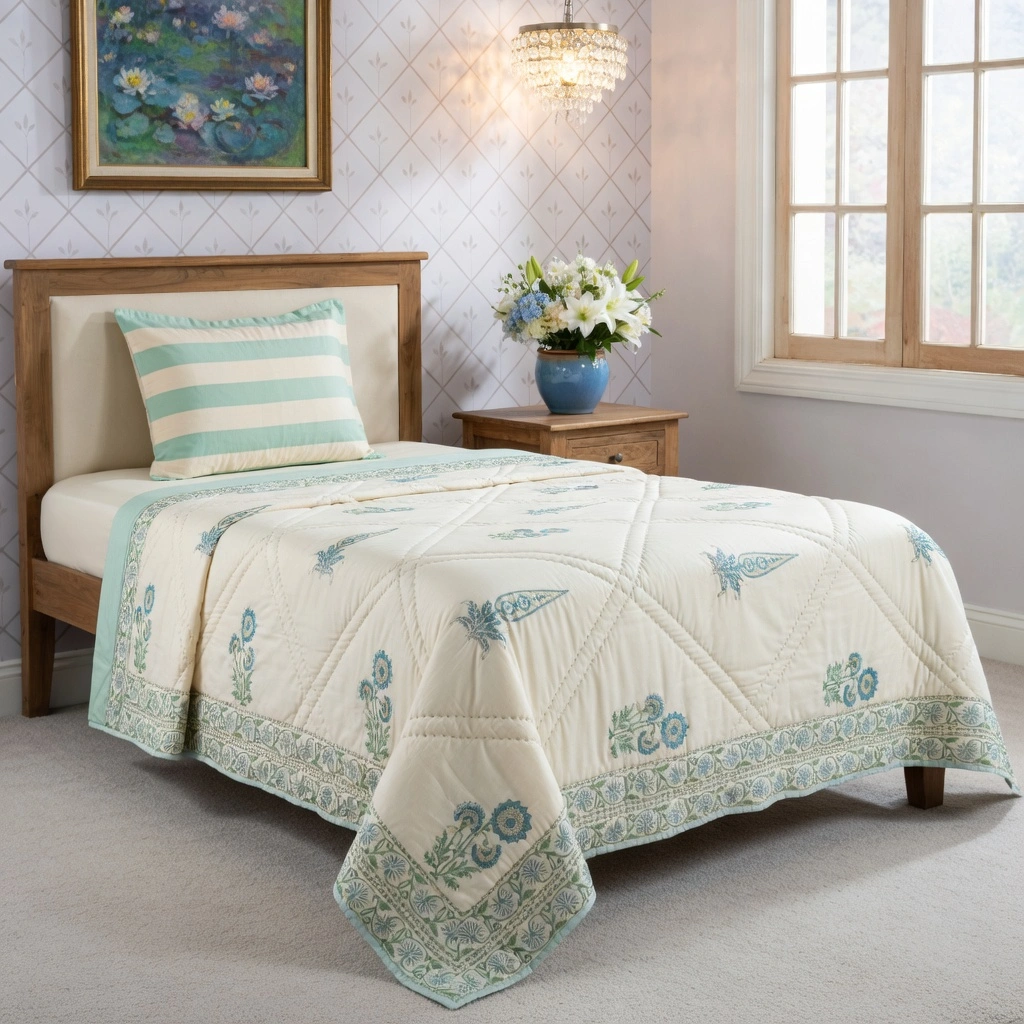 Hand Block Printed Cotton Twin Size Quilt 261023