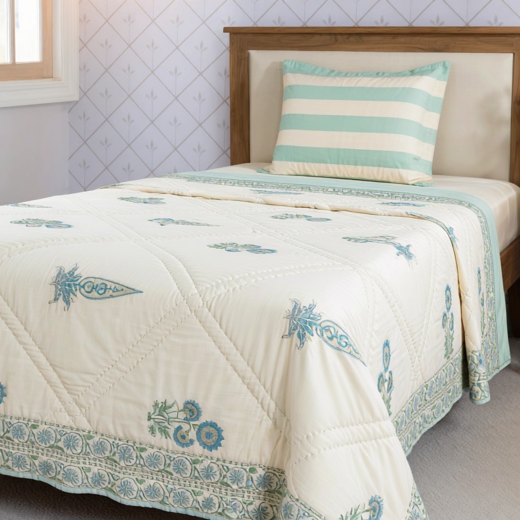 Hand Block Printed Cotton Twin Size Quilt  261023