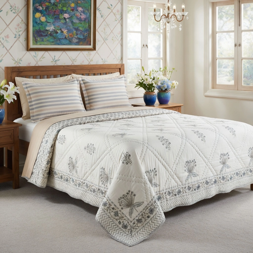 Hand Block Printed Cotton Queen Size Quilt 261202