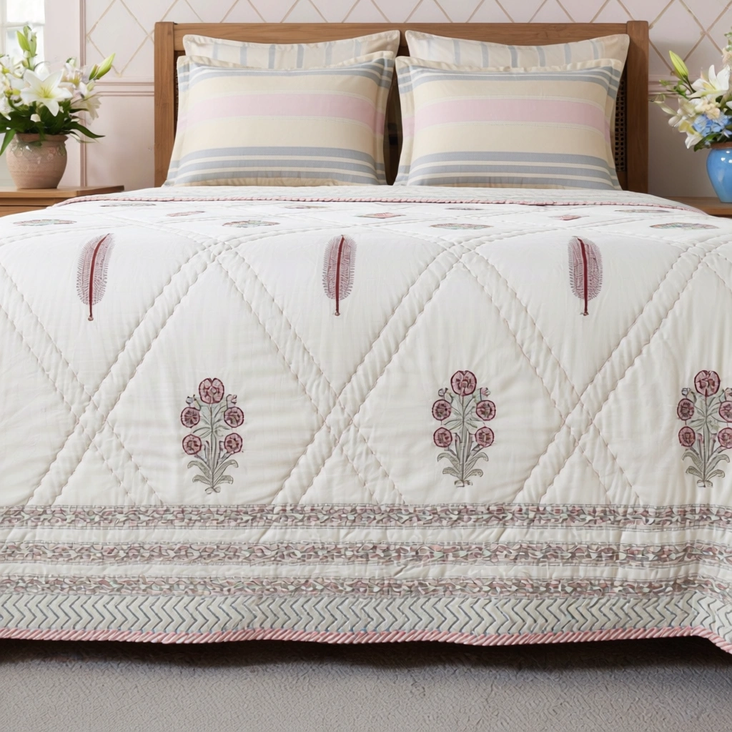 Hand Block Printed Cotton Queen Size Quilt 261203