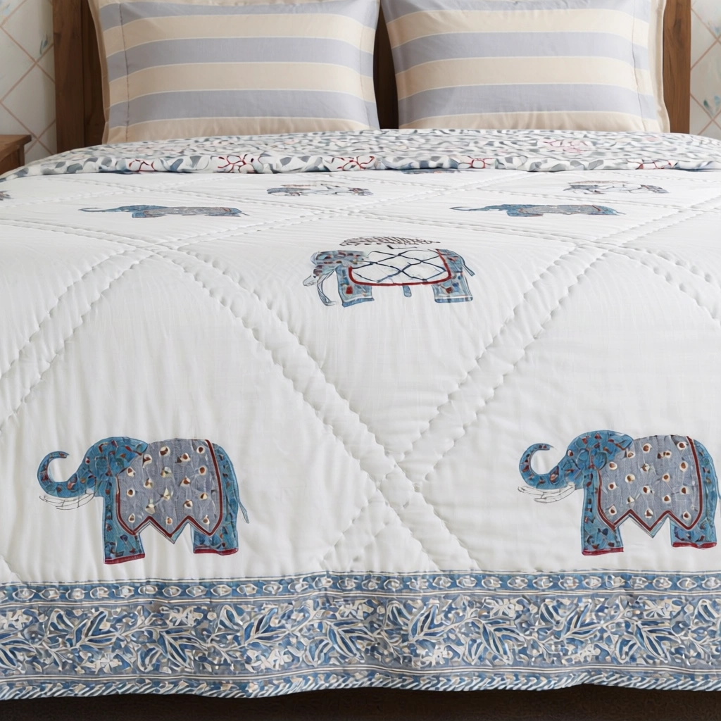 Hand Block Printed Cotton Queen Size Quilt 261204