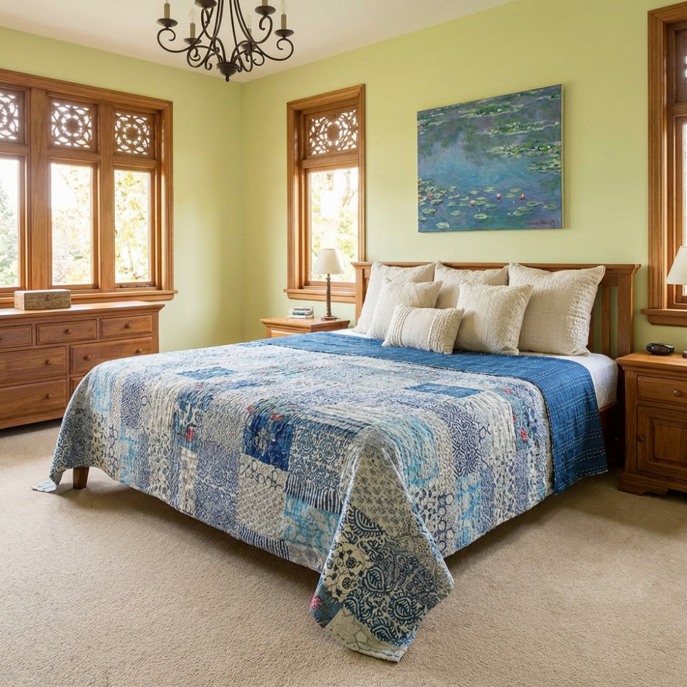 Image of Hand Quilted Kantha Patchwork Quilt – Artisan-Made Elegance by Roopantaran | 262016