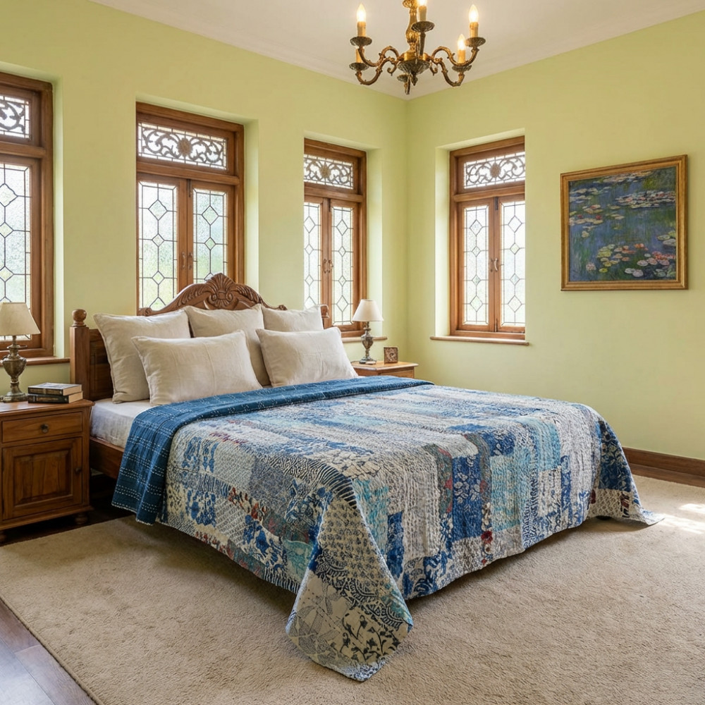 Image of Hand Quilted Kantha Patchwork Quilt – Artisan-Made Elegance by Roopantaran | 262018