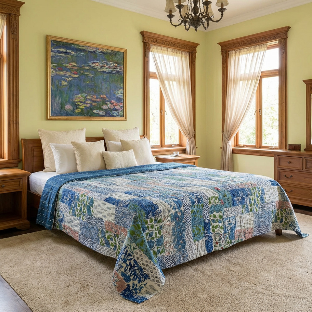 Image of Hand Quilted Kantha Patchwork Quilt – Artisan-Made Elegance by Roopantaran | 262026