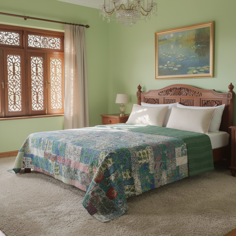 Image of Hand Quilted Kantha Patchwork Quilt – Artisan-Made Elegance by Roopantaran | 262029