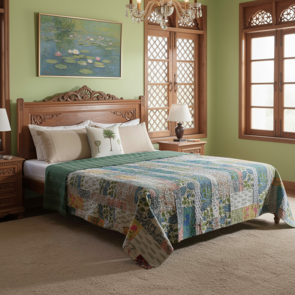 Image of Hand Quilted Kantha Patchwork Quilt – Artisan-Made Elegance by Roopantaran | 262030