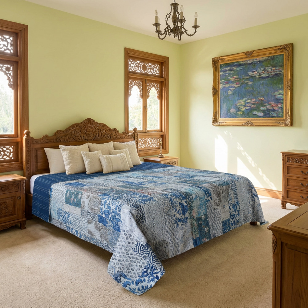 Image of Hand Quilted Kantha Patchwork Quilt – Artisan-Made Elegance by Roopantaran | 262033