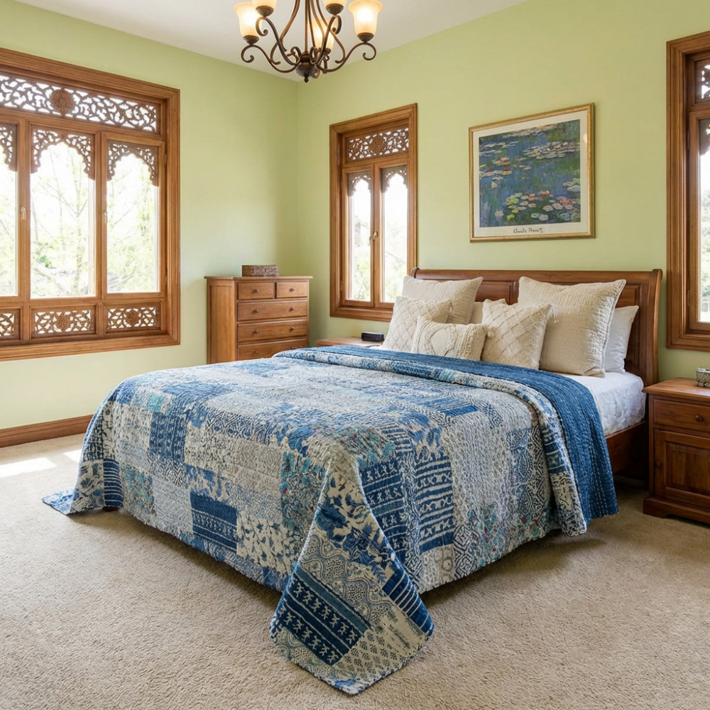 Image of Hand Quilted Kantha Patchwork Quilt – Artisan-Made Elegance by Roopantaran | 262035