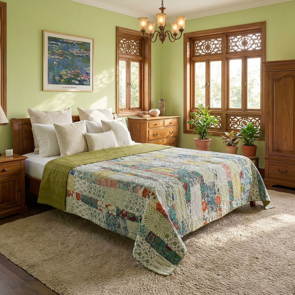 Hand Quilted Kantha Patchwork Quilt  Artisan-Made Elegance by Roopantaran  262036