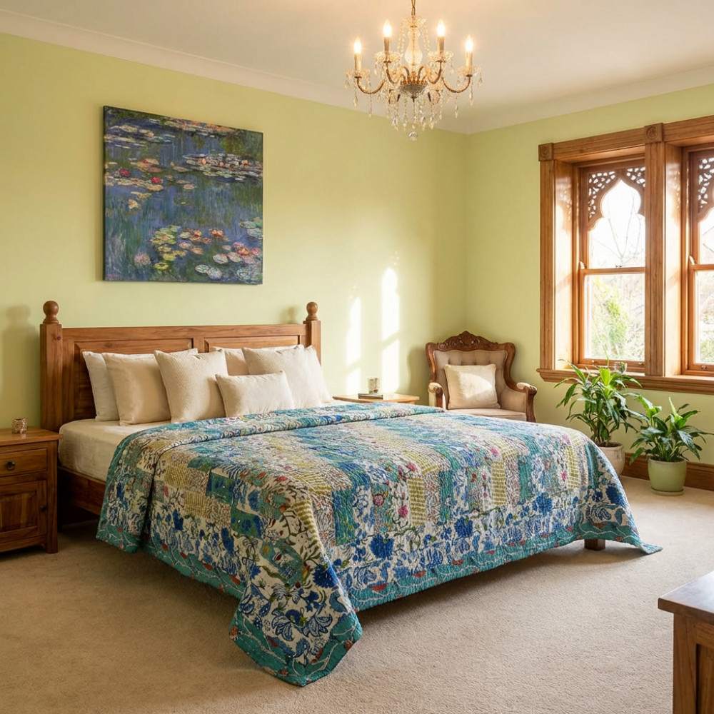 Image of Hand Quilted Kantha Patchwork Quilt – Artisan-Made Elegance by Roopantaran | 262041