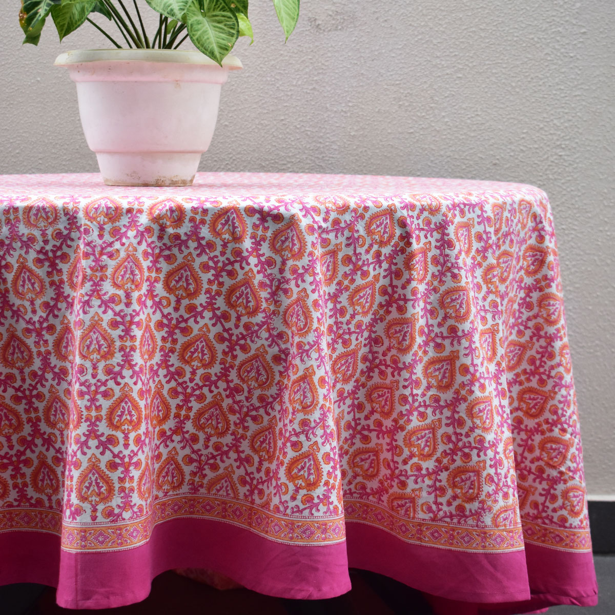 Round 220 cms Cotton French Design Table Cover Mughal Pink Orange 202523