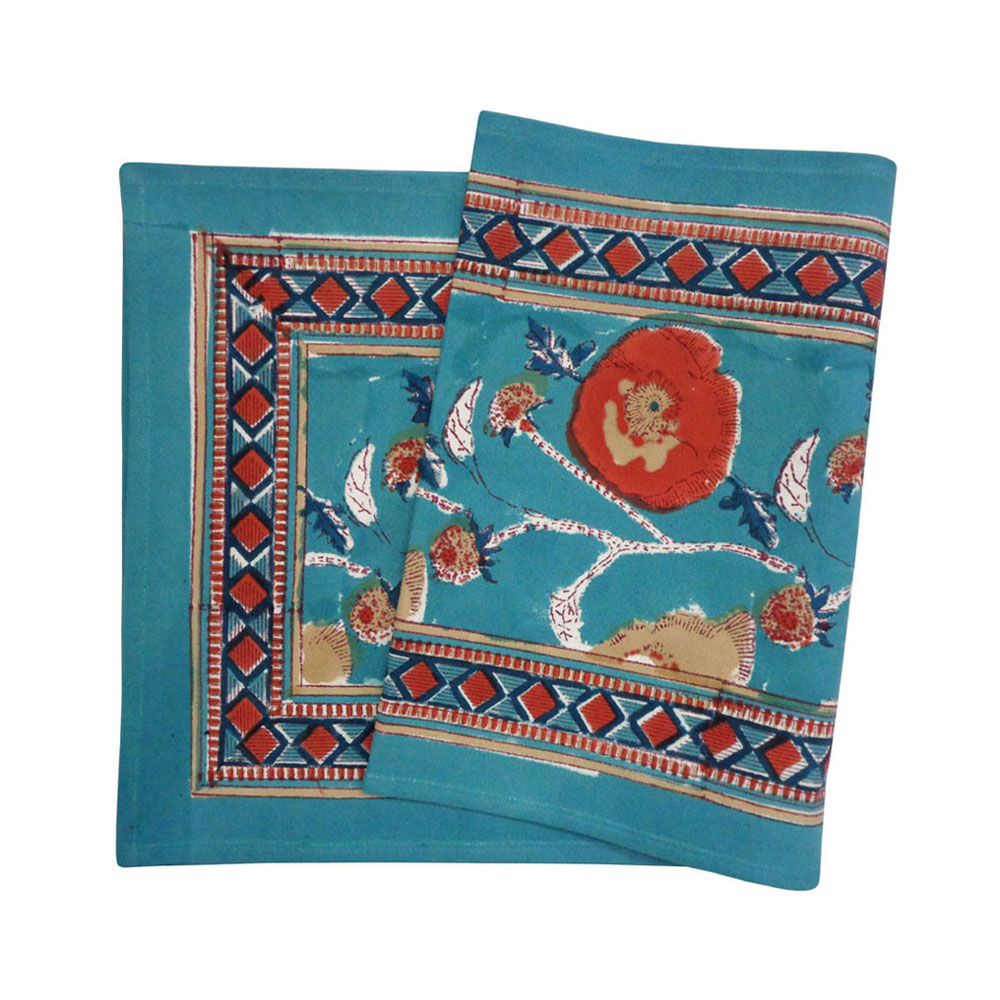 Hand Block Printed Cotton Canvas Table Runner 33x120 cms Teal Flower Gud 205141
