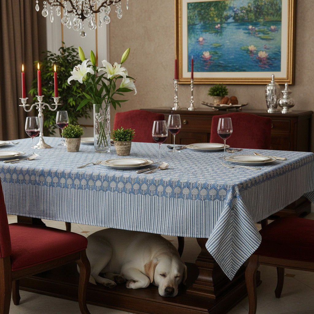 Wood Block Printed Handmade Tablecloth 150x220 cms Artichoke Pearl Blue 251210