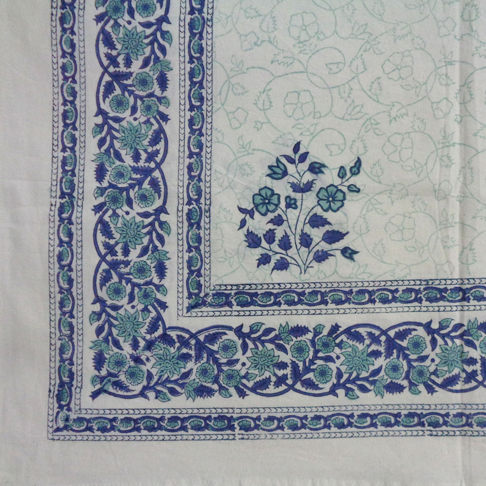 Hand Block Printed Cotton Tablecloth 180x270 cms Floral Kali Blue Boota 309470